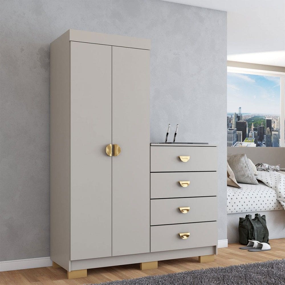 Cômoda Roupeiro Ingleses 2 Portas 4 Gavetas Marrom Claro - Panorama Móveis