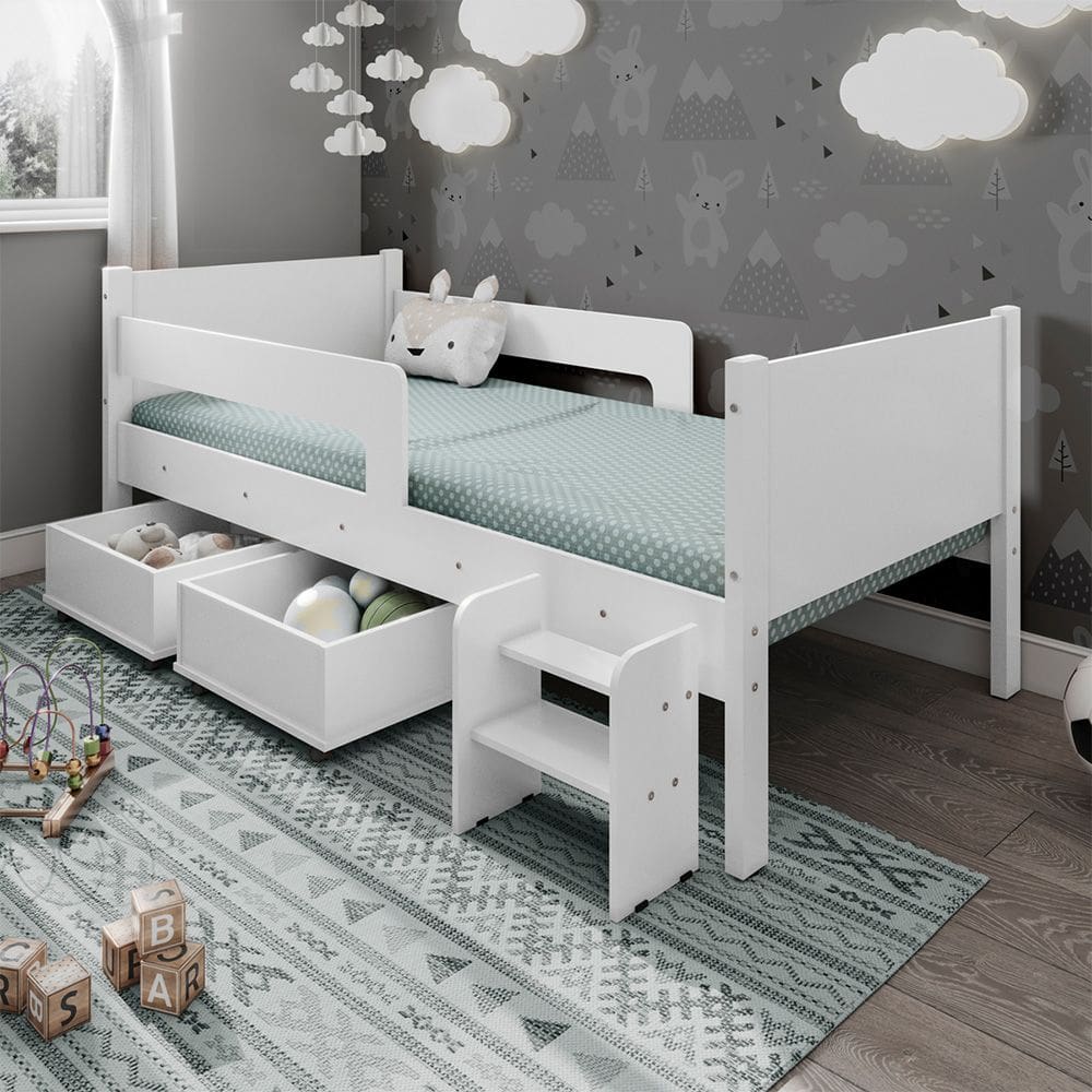 Cama Infantil Multiuso com 2 Baus Organizador e Escada Luna Plus Branco com Colchão