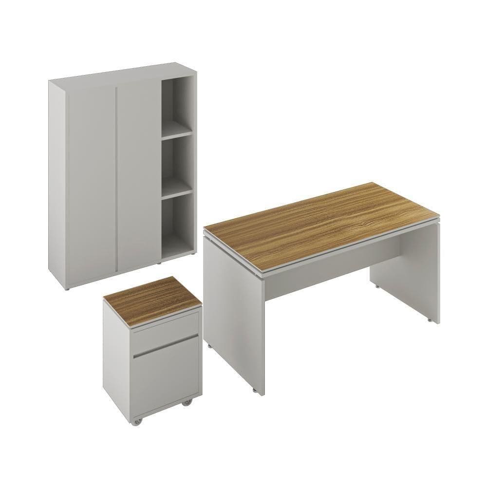 Conjunto De Escritório Office 3 Peças Mesa Gaveteiro Armário - Fendi E Freijó Fendi E Freijó