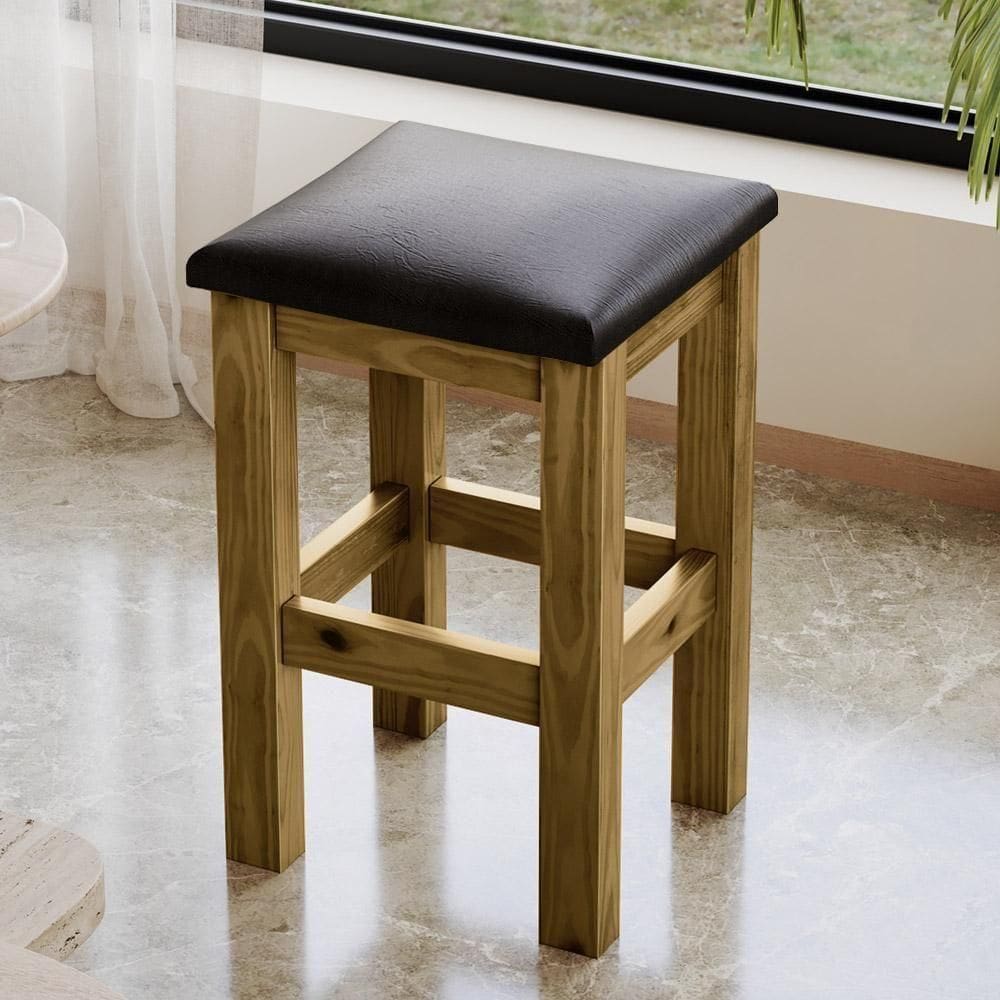 Banquinho Baixo De Madeira Maciça Imbuia Com Assento Estofado Preto Imbuia C-estofado Corano Preto