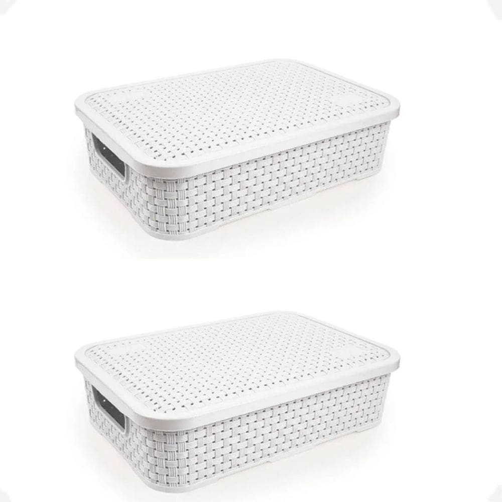 Kit 2 Cesto Rattan Baixo Com Tampa Médio 4,5 Litros Branco