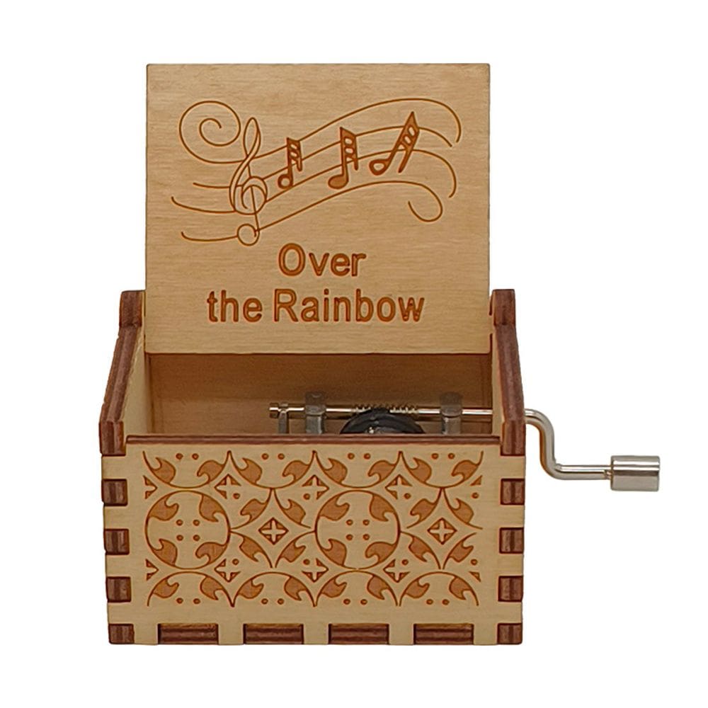 Caixa de música, manivela de madeira, sobre a melodia do arco-íris