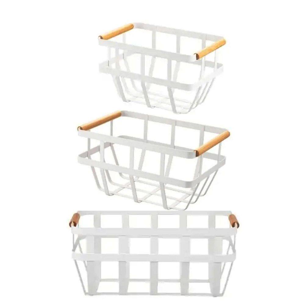 Kit 3 Cesto De Metal Com Alca De Bambu Frutas Branco