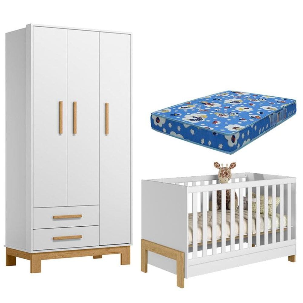 Berço Americano 4300 Mini Cama Fantasia e Guarda Roupa Infantil Q Encanto Slim 4340 Branco Acetinado com Colchão Tend Tudo - Qmovi