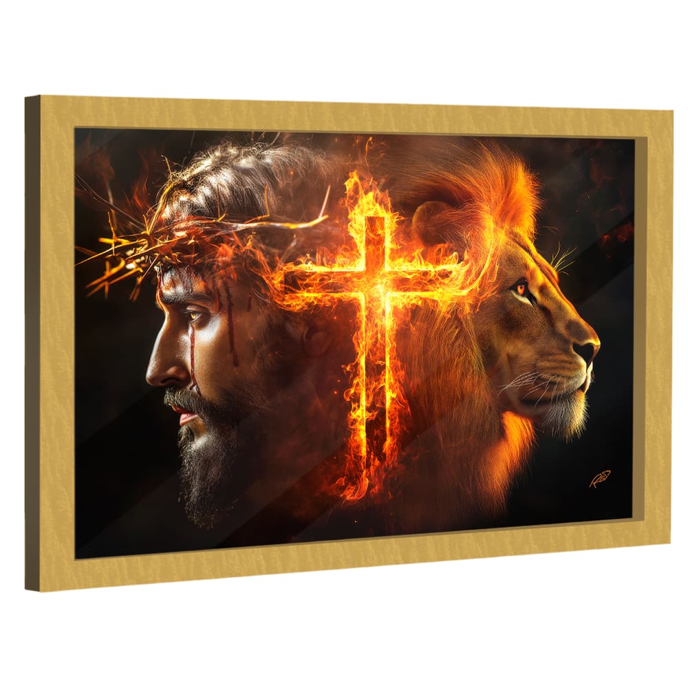 Quadro Decorativo Jesus, Cruz e Leão Fogo