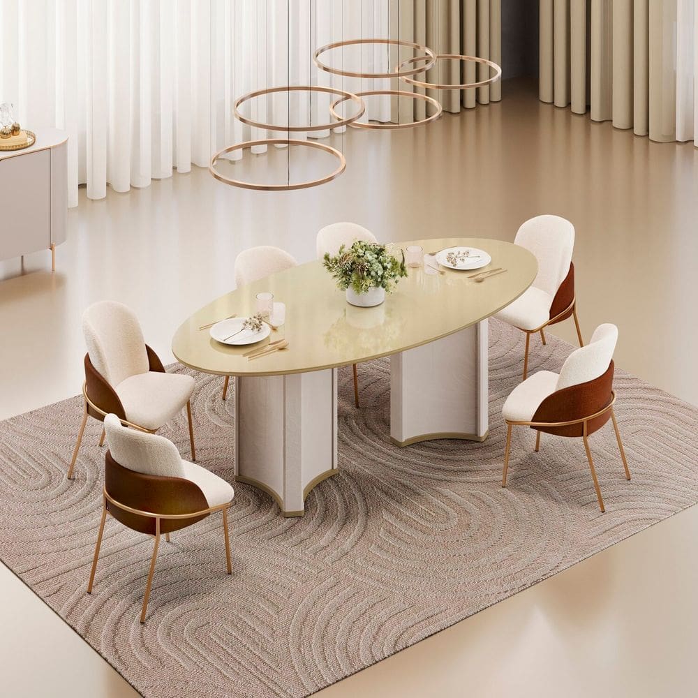 Conjunto Liz Tampo Organico 218cm com 6 Cadeiras Vitta Off White/Dourado/Terracota/Perola