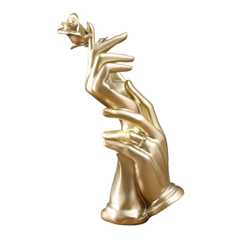 Escultura: resina dourada, estátua, ornamento, mãos segurando rosa