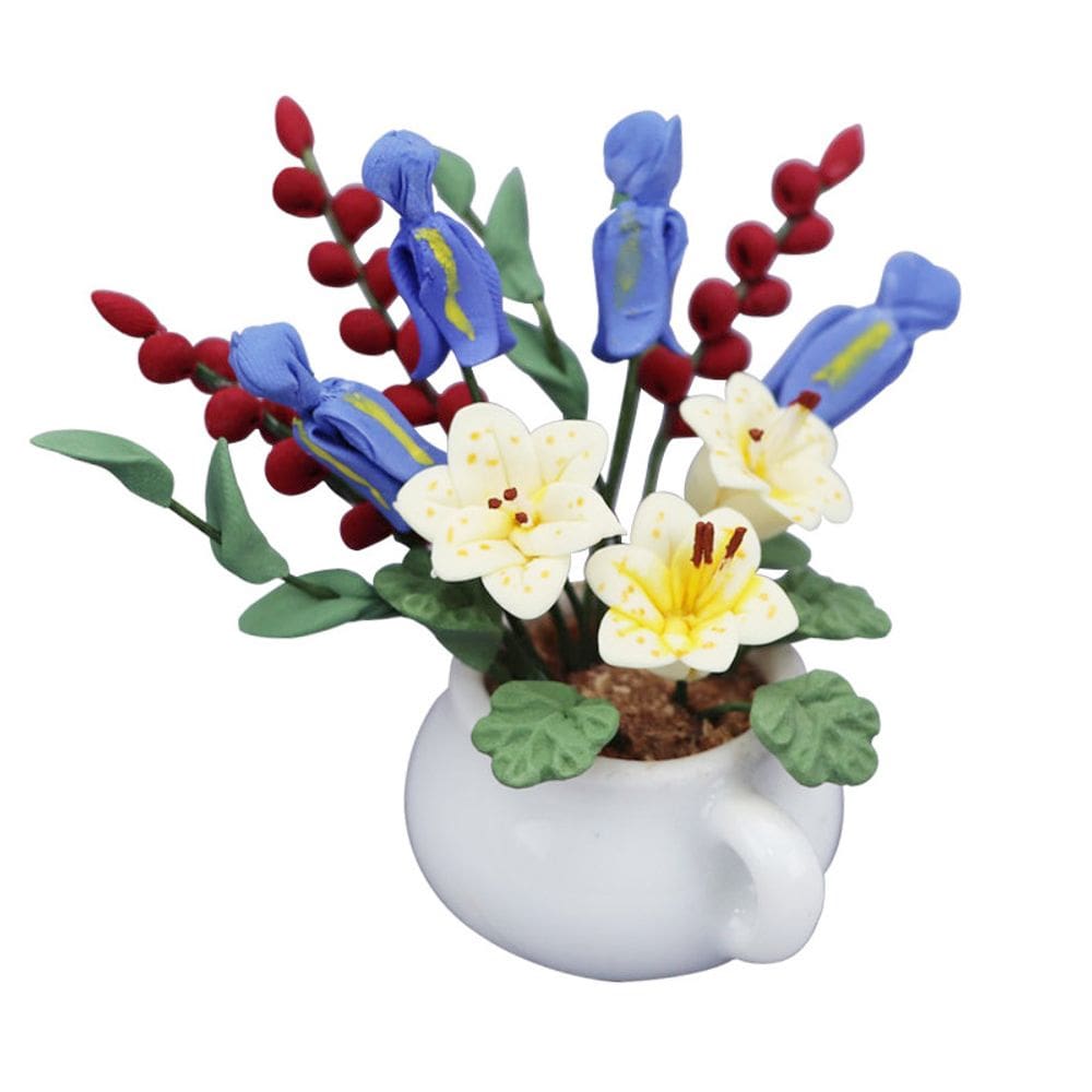 Vaso de flores de casa de bonecas em miniatura com flores mistas de resina em escala 1:12