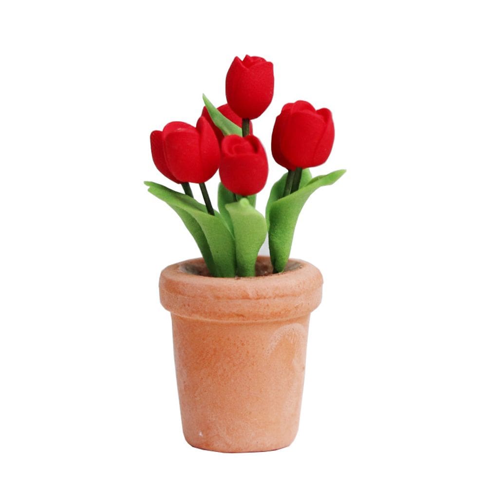 Vaso de flores de tulipa vermelha em miniatura Dollhouse em resina em escala 1:12
