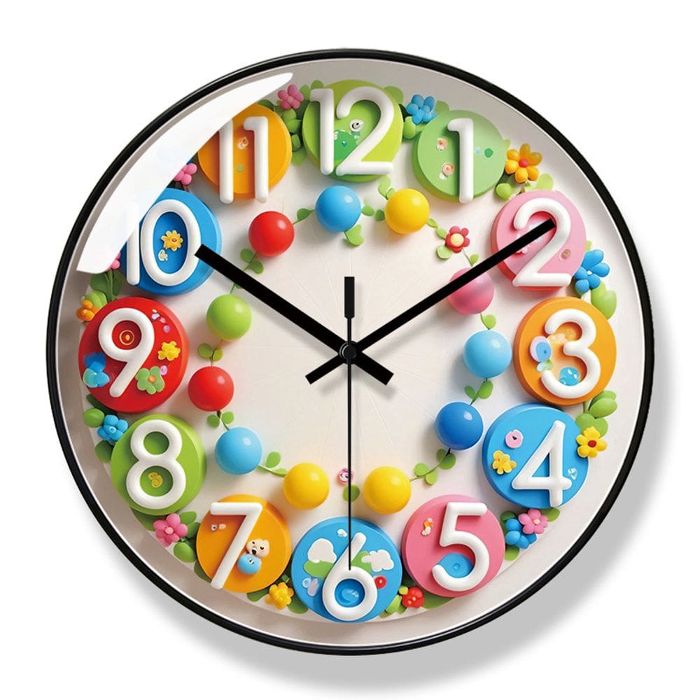 Relógio de parede com design de desenho animado colorido com moldura de plástico de 30x30cm