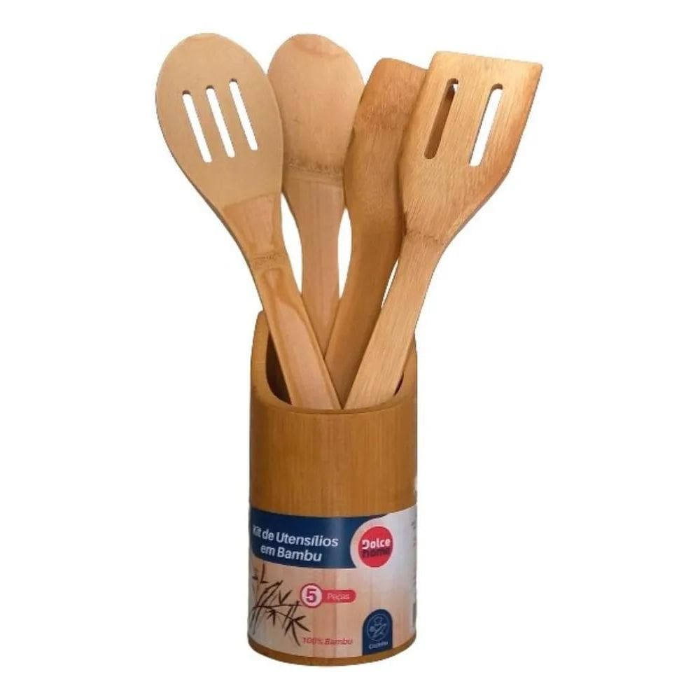 2X Kit De Utensílios Bambu 5 Peças Pau Colher Garfo Espátula