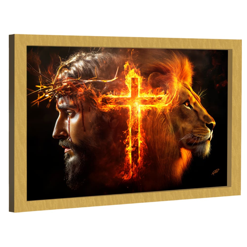 Quadro Decorativo Jesus, Cruz e Leão Fogo