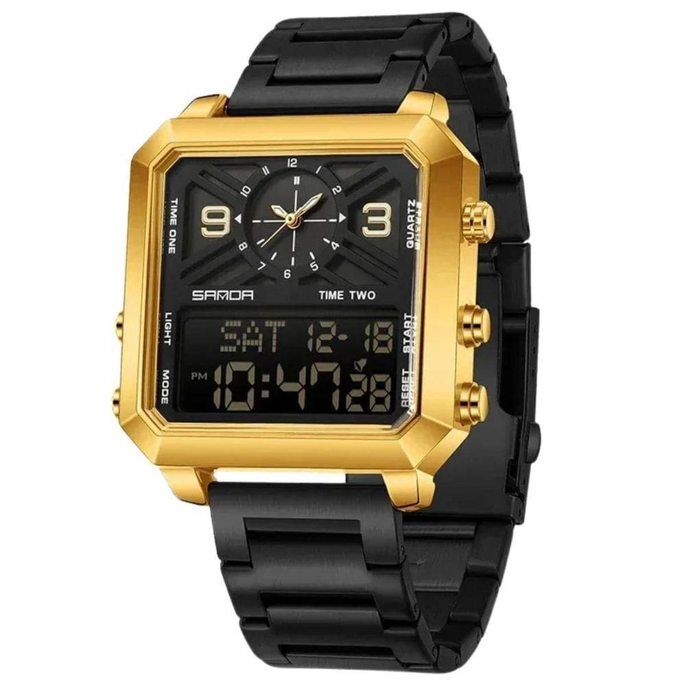 Relógio Quartzo Masculino Aço Inoxidável à Prova D água Led Digital Sanda Amarelo