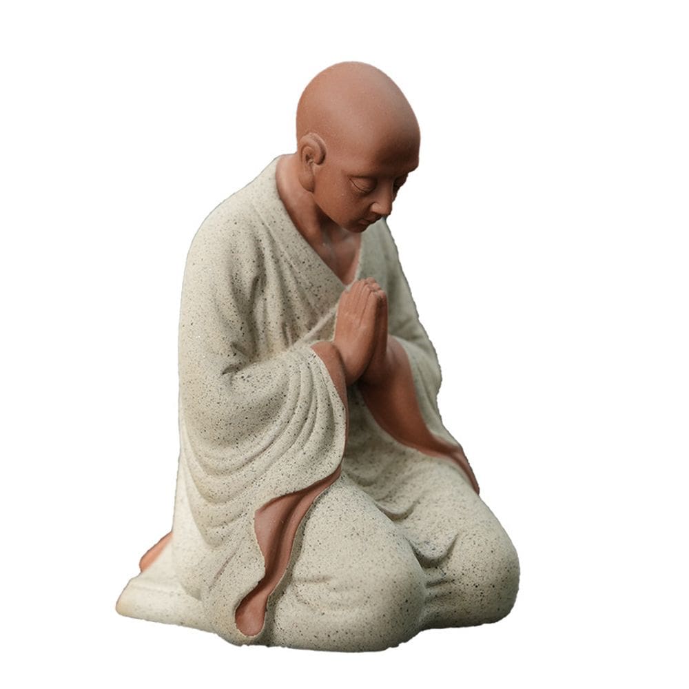 Escultura: figura de monge zen de areia roxa ajoelhada, estrela de cerâmica