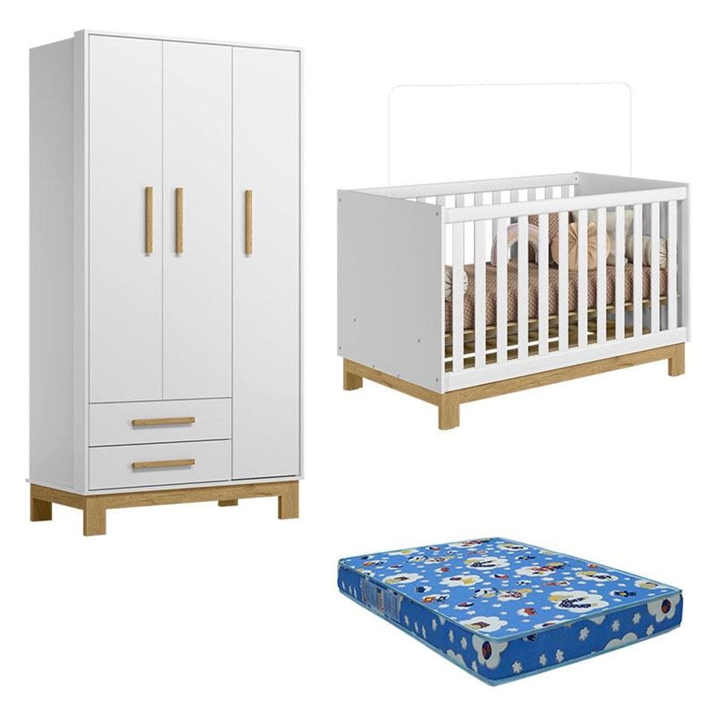 Berço Americano 4315 e Guarda Roupa 4340 Q Encanto Slim Branco Acetinado com Colchão Tend Tudo - Qmovi