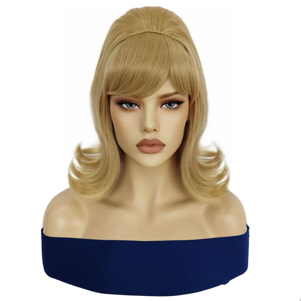 Peruca loira retrô com franja lateral de 35 cm de comprimento médio