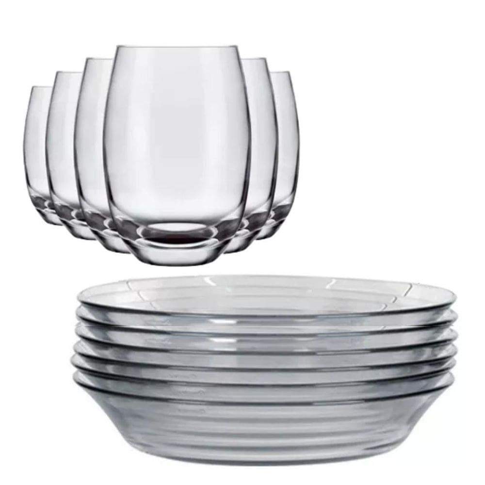 Jogo De 6 Pratos E 6 Copos Vidro Elegante Buffet Restaurante