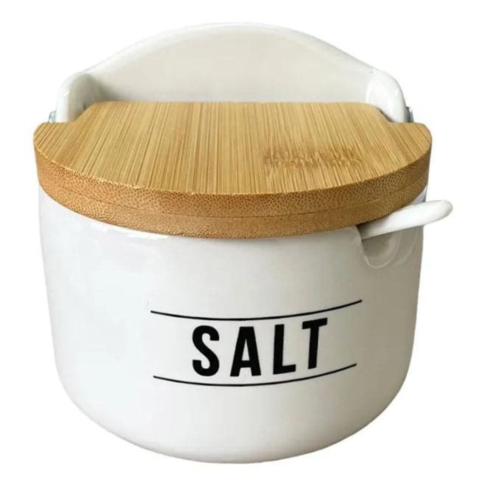 3X Saleiro De Mesa Em Porcelana Com Colher E Tampa De Bambu