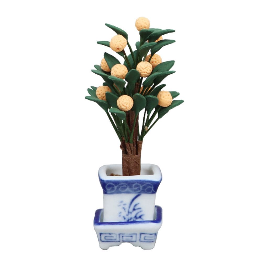 Laranjeira em miniatura em vaso de cerâmica para casa de bonecas, escala 1:12