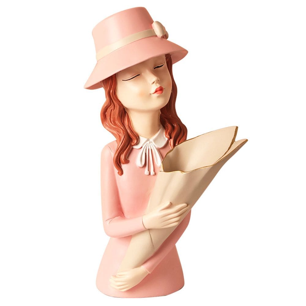 Estatueta de resina em estilo britânico, estátua de menina de 33 cm com buquê