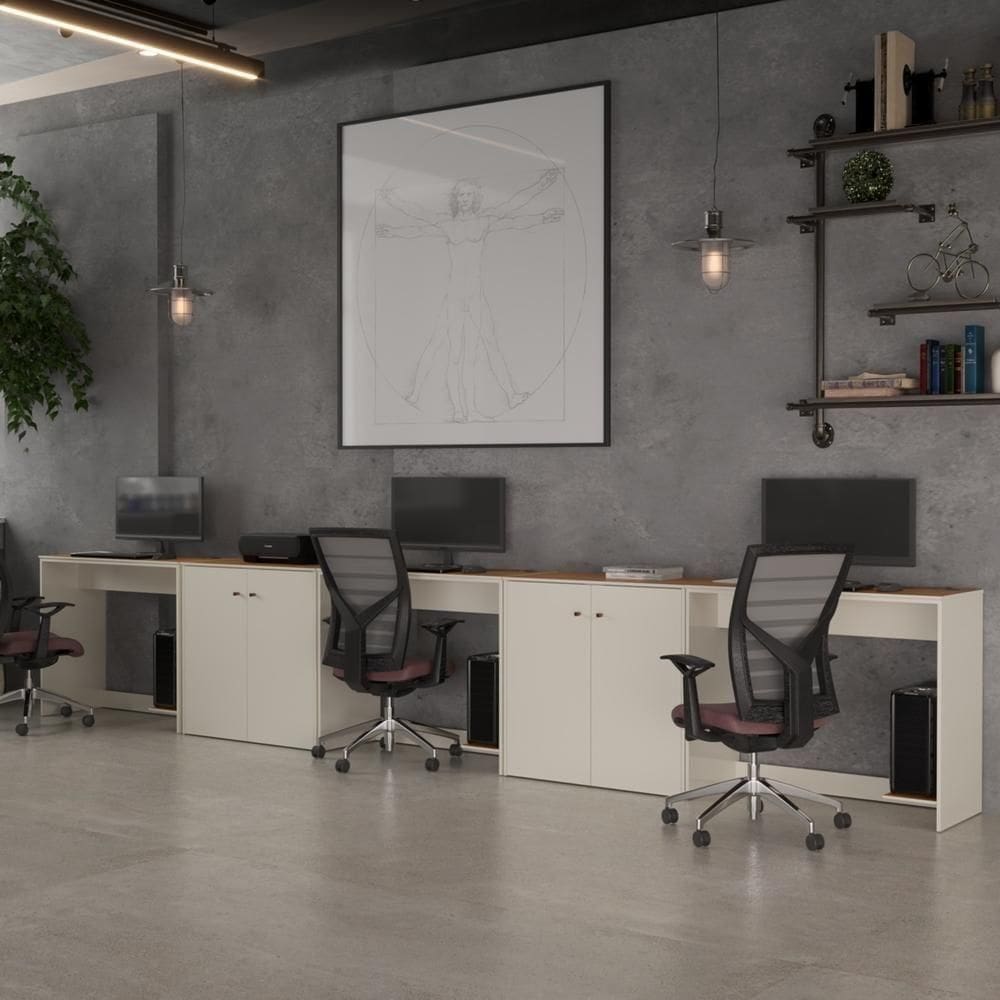 Conjunto De Escritório 5 Peças Tech Office 3 Mesas E 2 Apara - Off White E Cedro Off White E Cedro