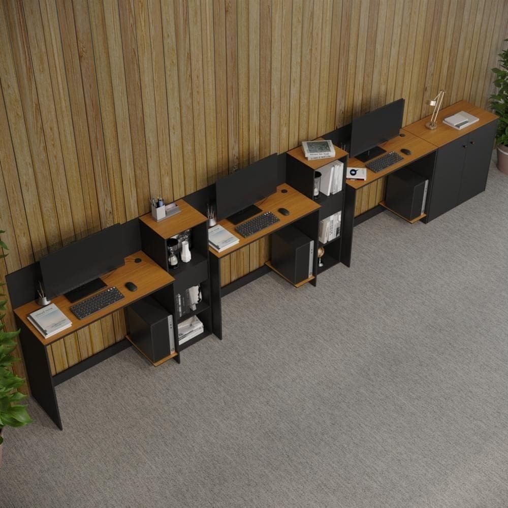 Conjunto De Escritório Tech 2 Livreiro 1 Buffet E 3 Mesas 90 - Preto E Cedro Preto E Cedro