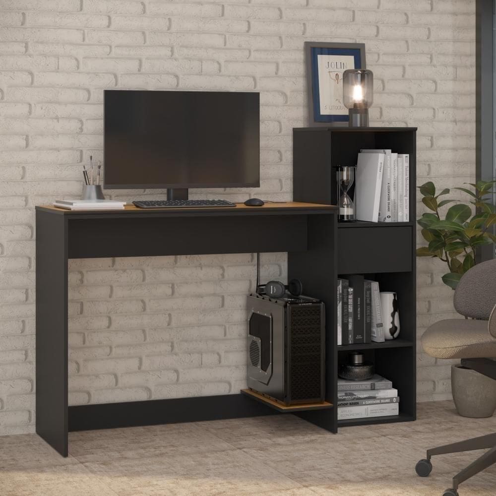Conjunto De Escritório 2 Peças Tech Office Mesa E Armário Li - Preto E Cedro Preto E Cedro