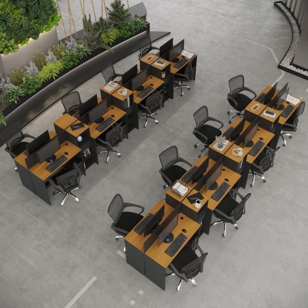 Estação De Trabalho 16 Lugares Tech Office 16 Mesas 12 Armár - Preto E Cedro Preto E Cedro