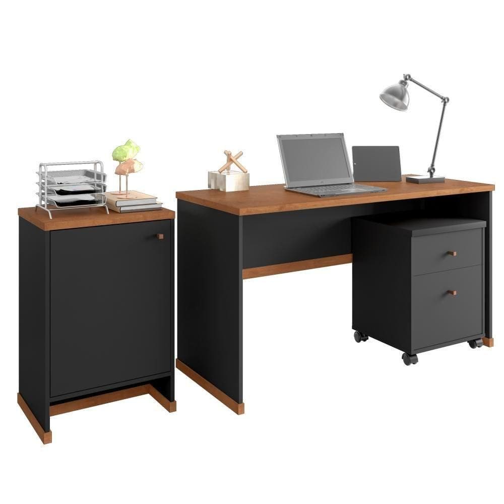 Conjunto Escritório 3 Peças - Mesa Gaveteiro E Balcão Verben - Preto/ Preto/