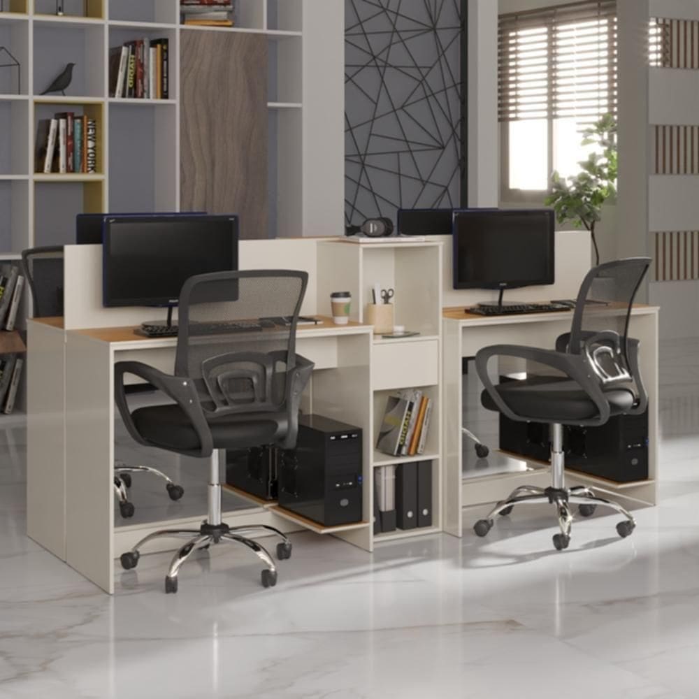 Estação De Trabalho 4 Lugares Office Tech 4 Mesas 2 Armários - Off White E Cedro Off White E Cedro