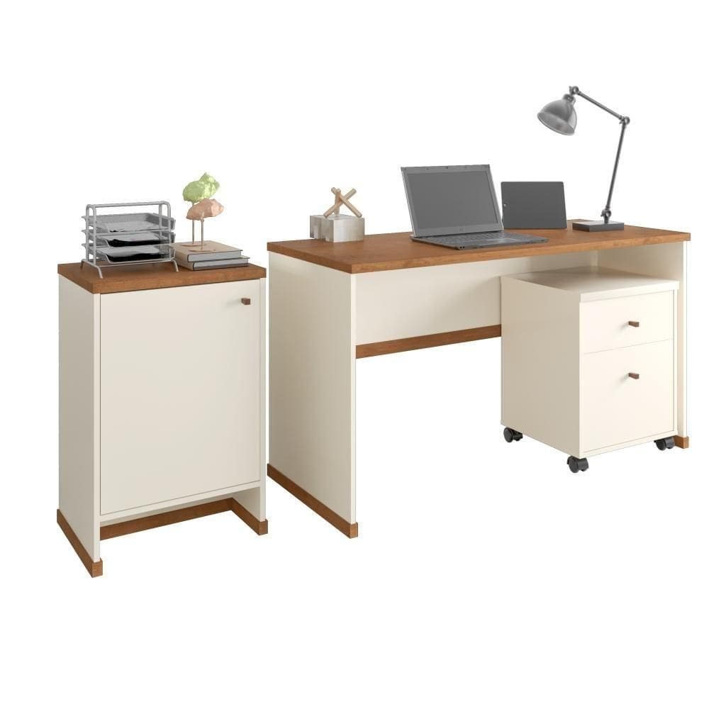 Conjunto Escritório 3 Peças - Mesa Gaveteiro E Balcão Verben - Offwhite/ Offwhite/