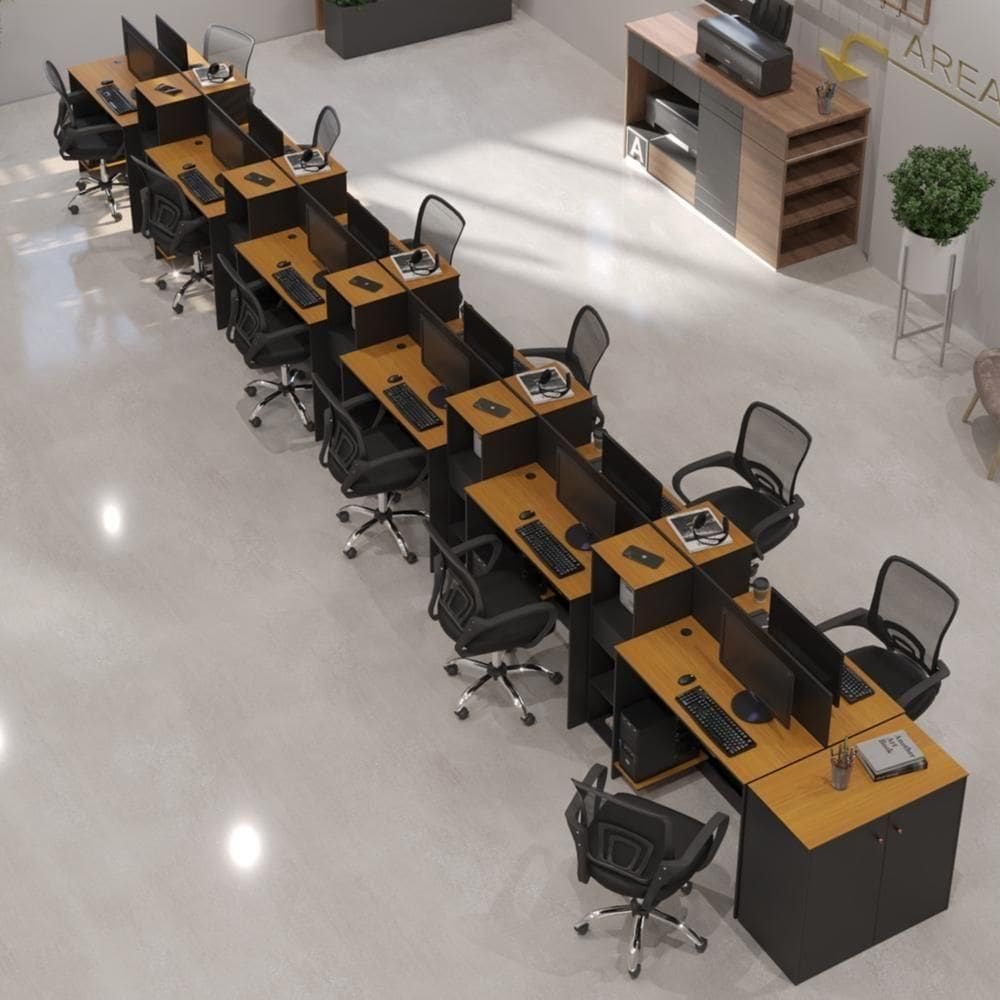 Estação De Trabalho 12 Lugares Office Tech 12 Mesas 10 Armár - Preto E Cedro Preto E Cedro