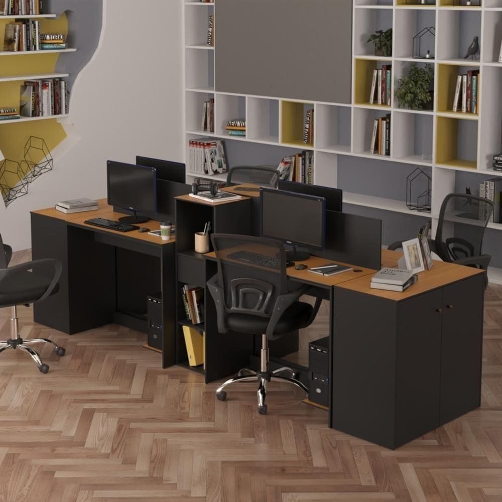 Estação De Trabalho 4 Lugares Office Tech 4 Mesas 2 Armários - Preto E Cedro Preto E Cedro