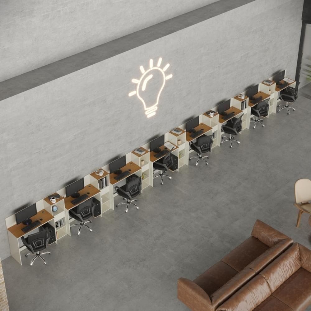 Conjunto De Escritório Tech 7 Livreiro E 8 Mesas 90cm - Vian - Off White E Cedro Off White E Cedro