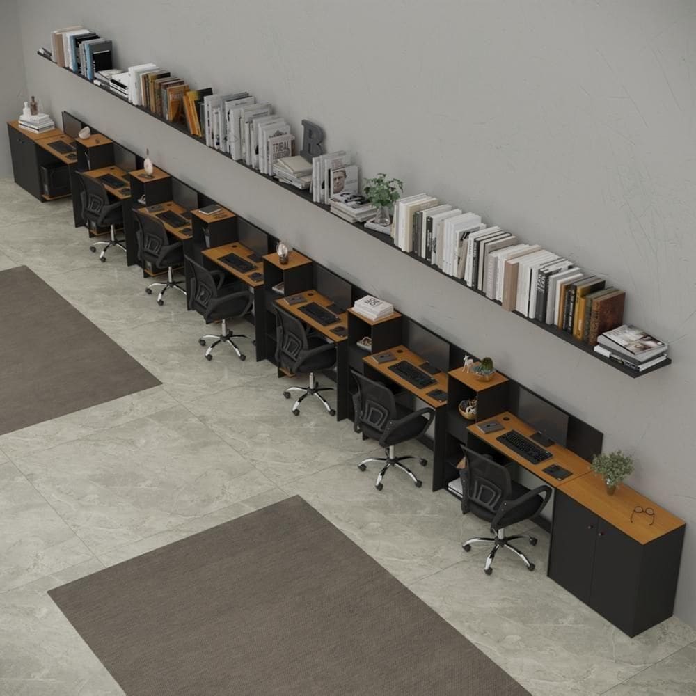 Conjunto De Escritório Tech 6 Livreiro 2 Buffet E 7 Mesas 90 - Preto E Cedro Preto E Cedro