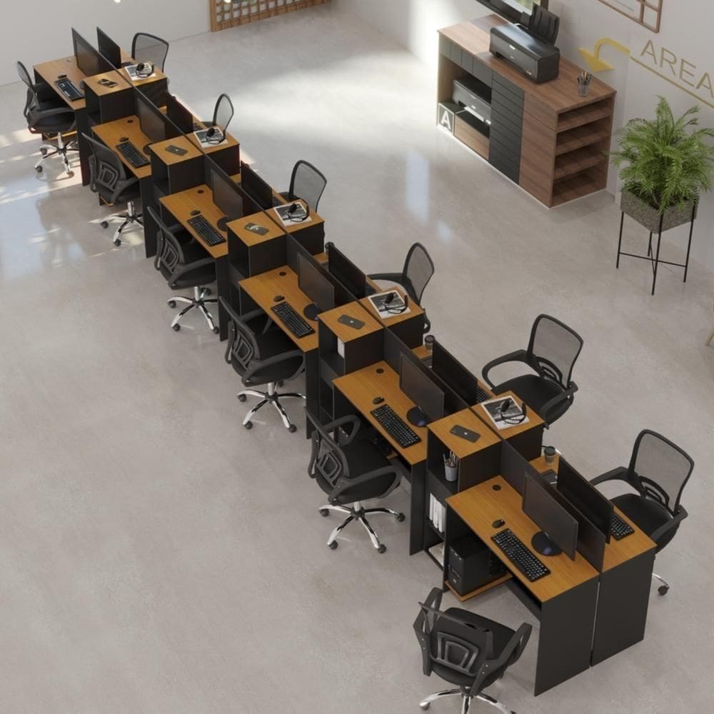 Estação De Trabalho 12 Lugares Tech Office 12 Mesas 10 Armár - Preto E Cedro Preto E Cedro