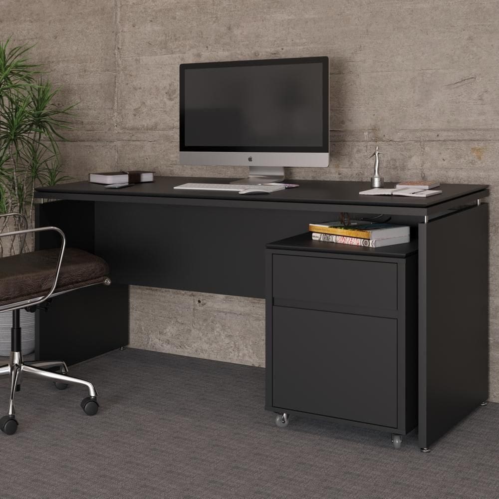 Conjunto De Escritório 2 Peças Mesa Gaveteiro 2 Gavetas Tund - Preto Preto