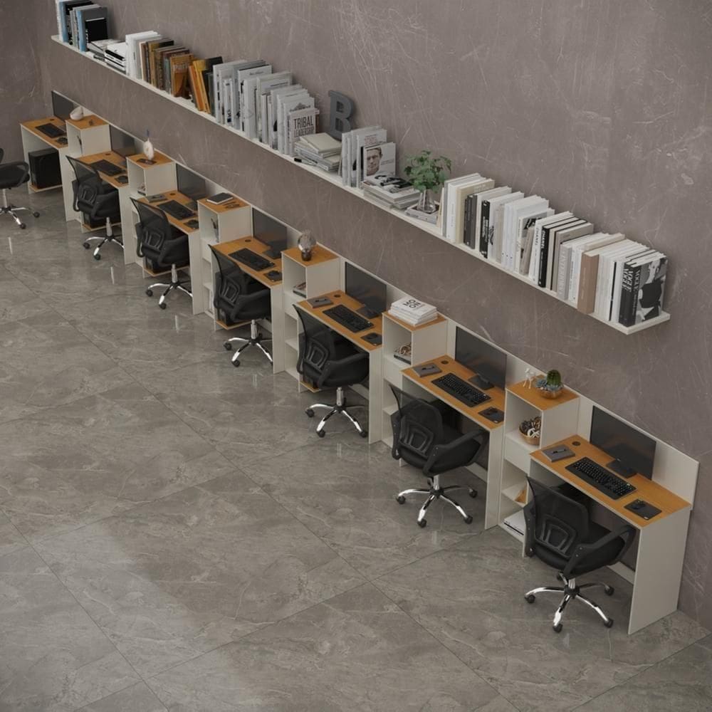 Conjunto De Escritório Tech 6 Livreiro E 7 Mesas 90cm - Vian - Off White E Cedro Off White E Cedro