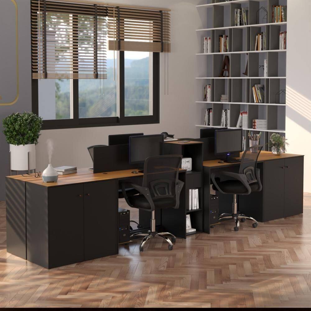 Estação De Trabalho 4 Lugares Office Tech 4 Mesas 2 Armários - Preto E Cedro Preto E Cedro