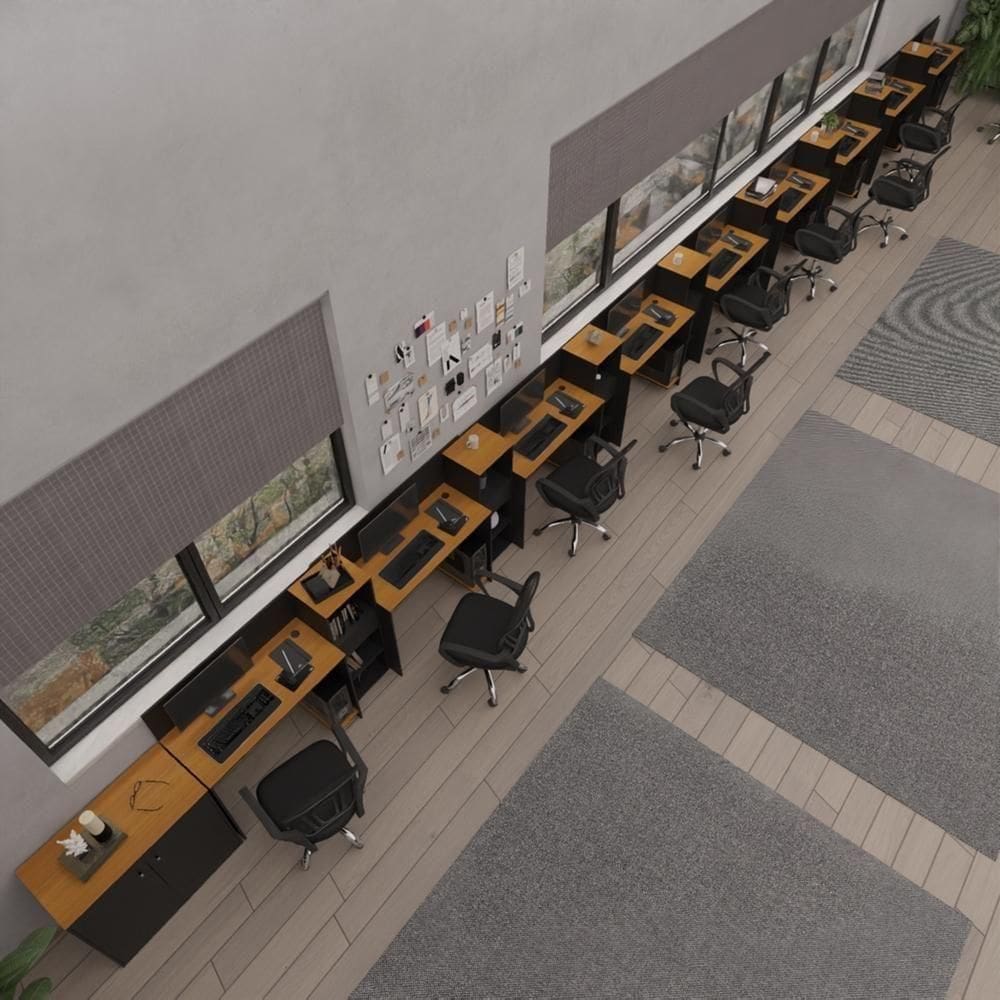 Conjunto De Escritório Tech 8 Livreiro 1 Buffet E 9 Mesas 90 - Preto E Cedro Preto E Cedro