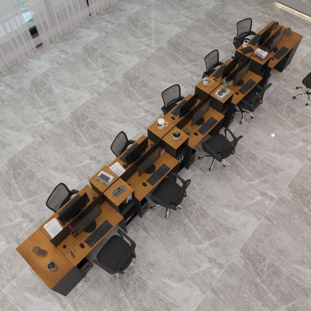 Estação De Trabalho 10 Lugares Tech Office 10 Mesas 8 Armári - Preto E Cedro Preto E Cedro