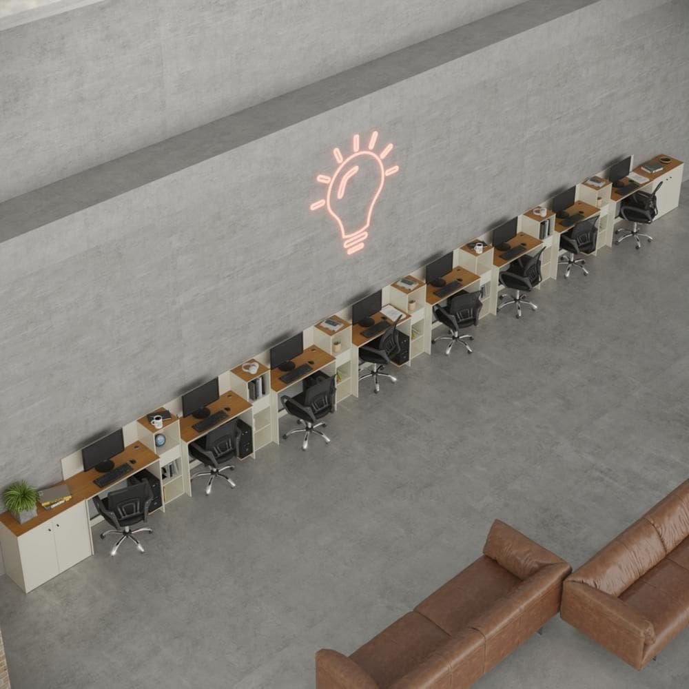 Conjunto De Escritório Tech 7 Livreiro 2 Buffet E 8 Mesas 90 - Off White E Cedro Off White E Cedro