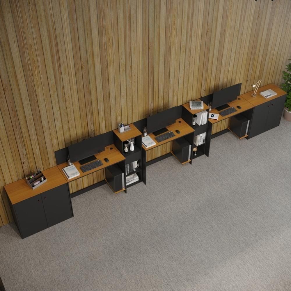 Conjunto De Escritório Tech 2 Livreiro 2 Buffet E 3 Mesas 90 - Preto E Cedro Preto E Cedro