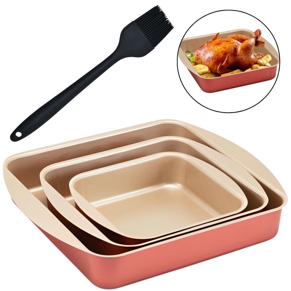 Jogo Assadeira Forma Quadrada 3 Peças Antiaderentes + Pincel