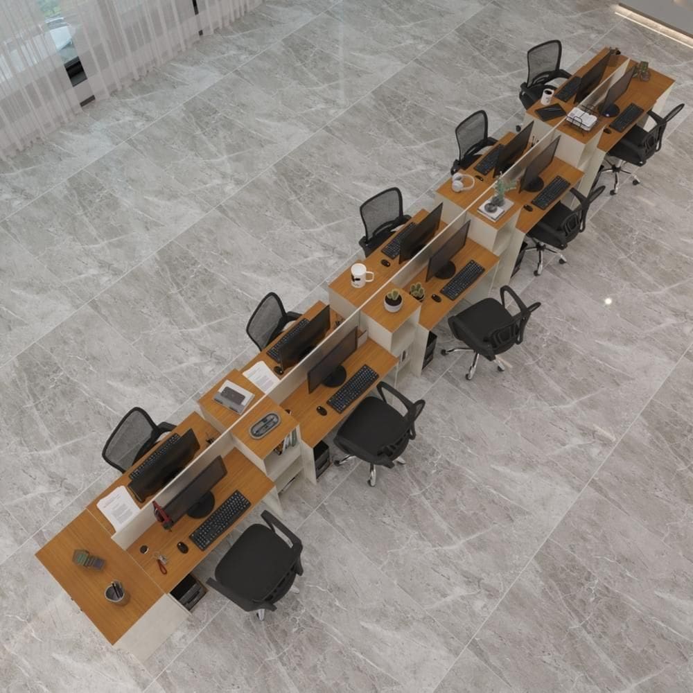 Estação De Trabalho 10 Lugares Tech Office 10 Mesas 8 Armári - Off White E Cedro Off White E Cedro