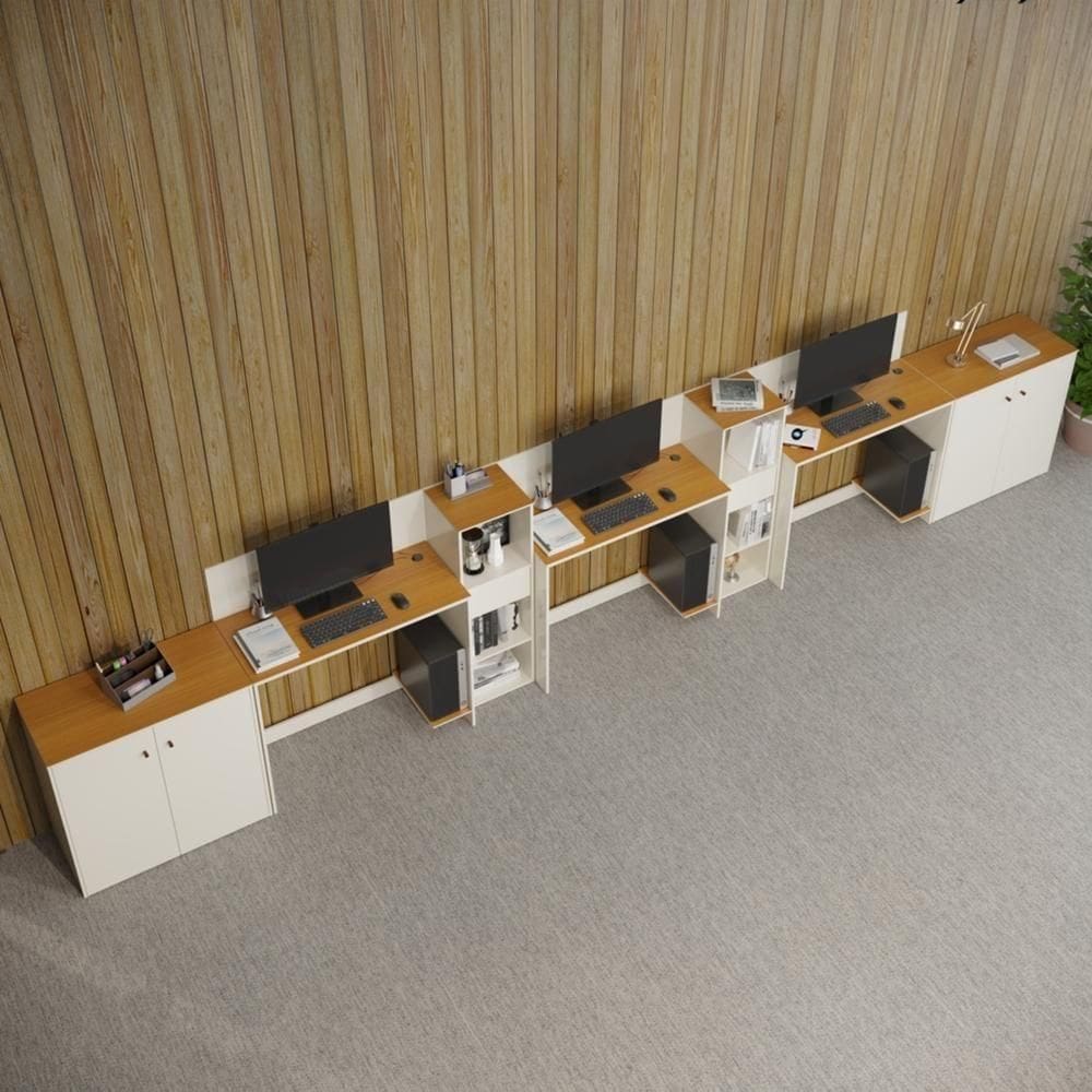 Conjunto De Escritório Tech 2 Livreiro 2 Buffet E 3 Mesas 90 - Off White E Cedro Off White E Cedro