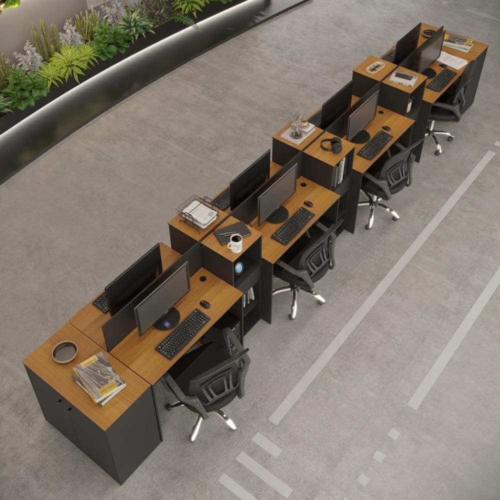 Estação De Trabalho 8 Lugares Tech Office 8 Mesas 6 Armários - Preto E Cedro Preto E Cedro