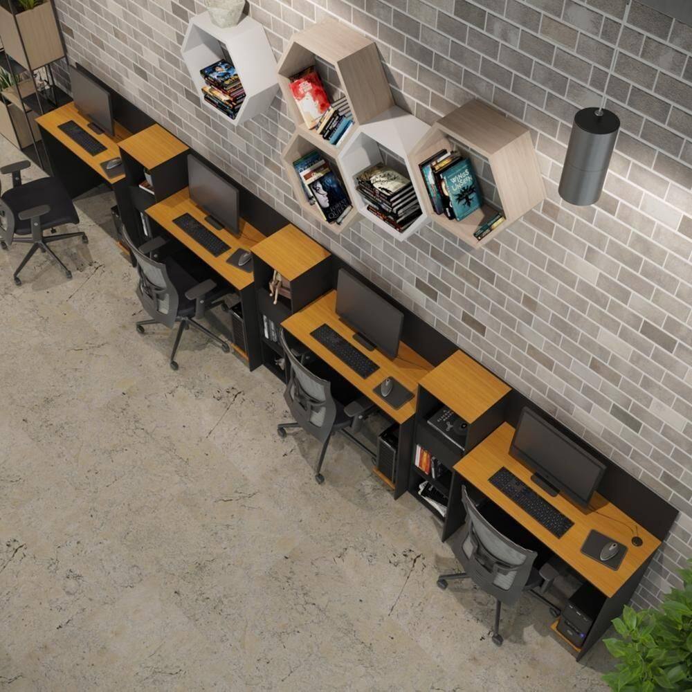 Conjunto De Escritório Tech 3 Livreiro E 4 Mesas 90cm - Vian - Preto E Cedro Preto E Cedro