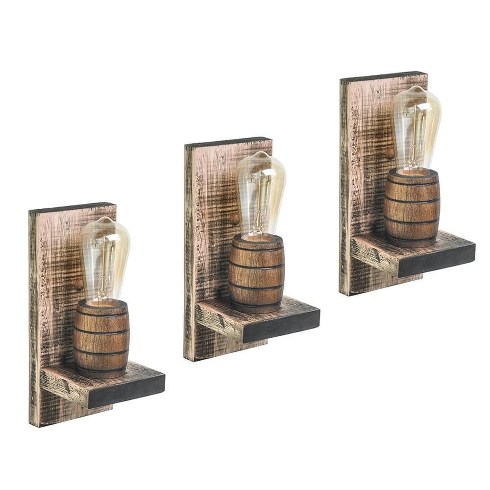 Kit 3 Arandelas Barril Delenha Decor Madeira Maciça Rústico