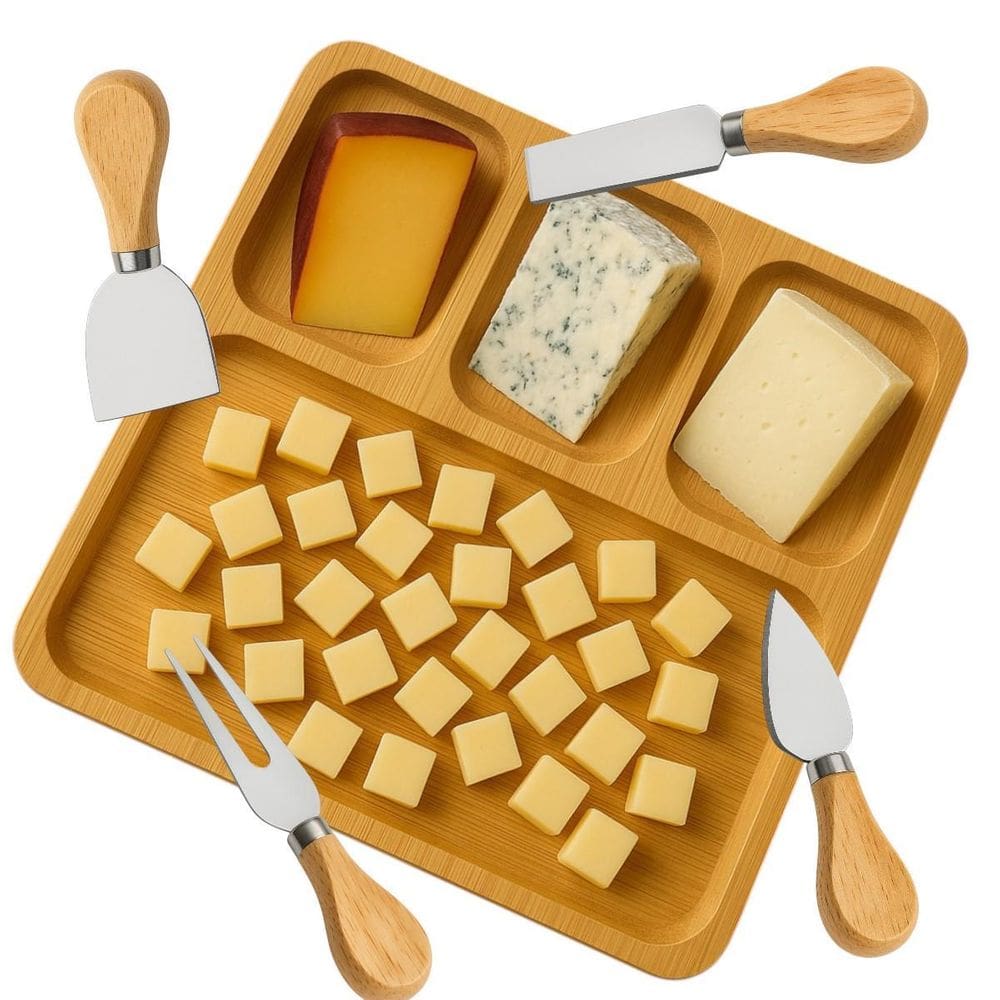 Kit Petisqueira 4 Divisórias + Jogo 4 Utensílios Para Queijo